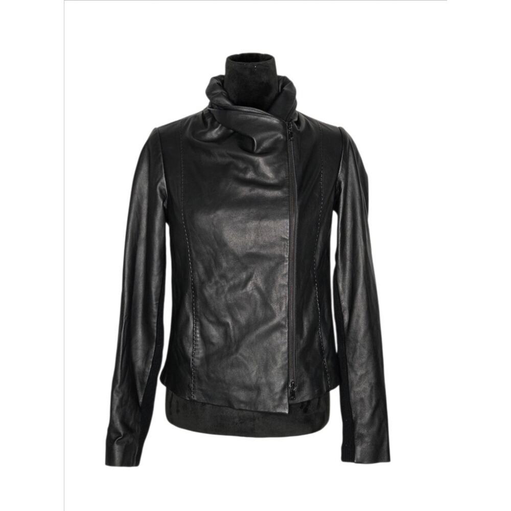 Vince Black Lamb Leather Asymmetrical Scuba Moto Jacket Ribbed Knit Panels Sz M - Picture 2 of 8